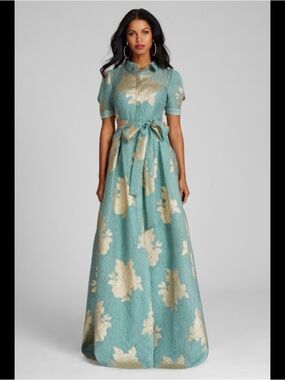 Teri Jon Teal and Gold Floral Jacquard Maxi Dress with Tie Waist